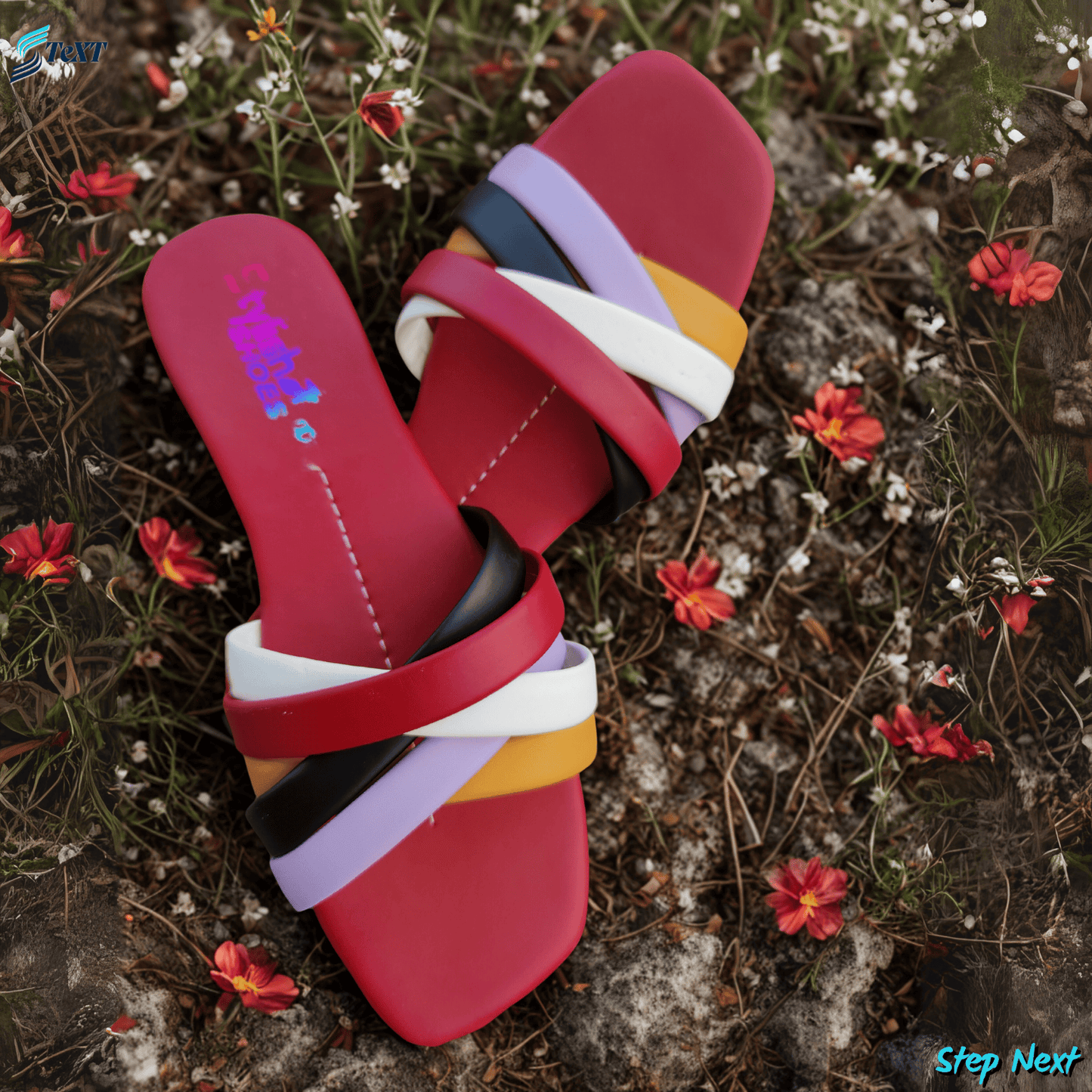 Colorful sandals with multicolor straps on a natural background with flowers