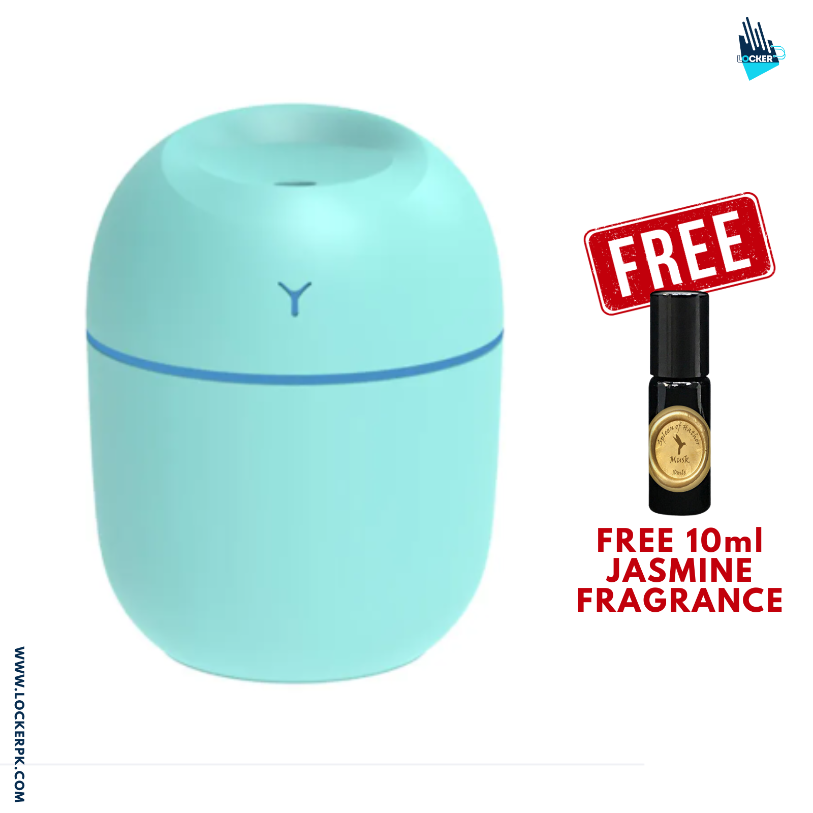 Light blue diffuser with a free 10ml jasmine fragrance bottle on a white background