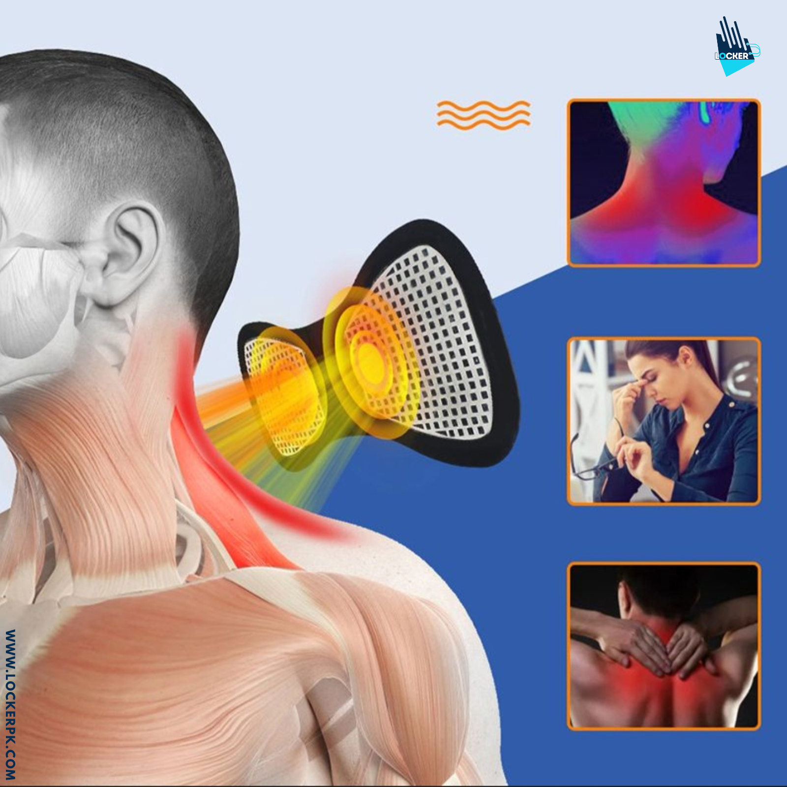 Illustration of a neck and shoulder pain relief device with anatomical diagram and user experience icons.