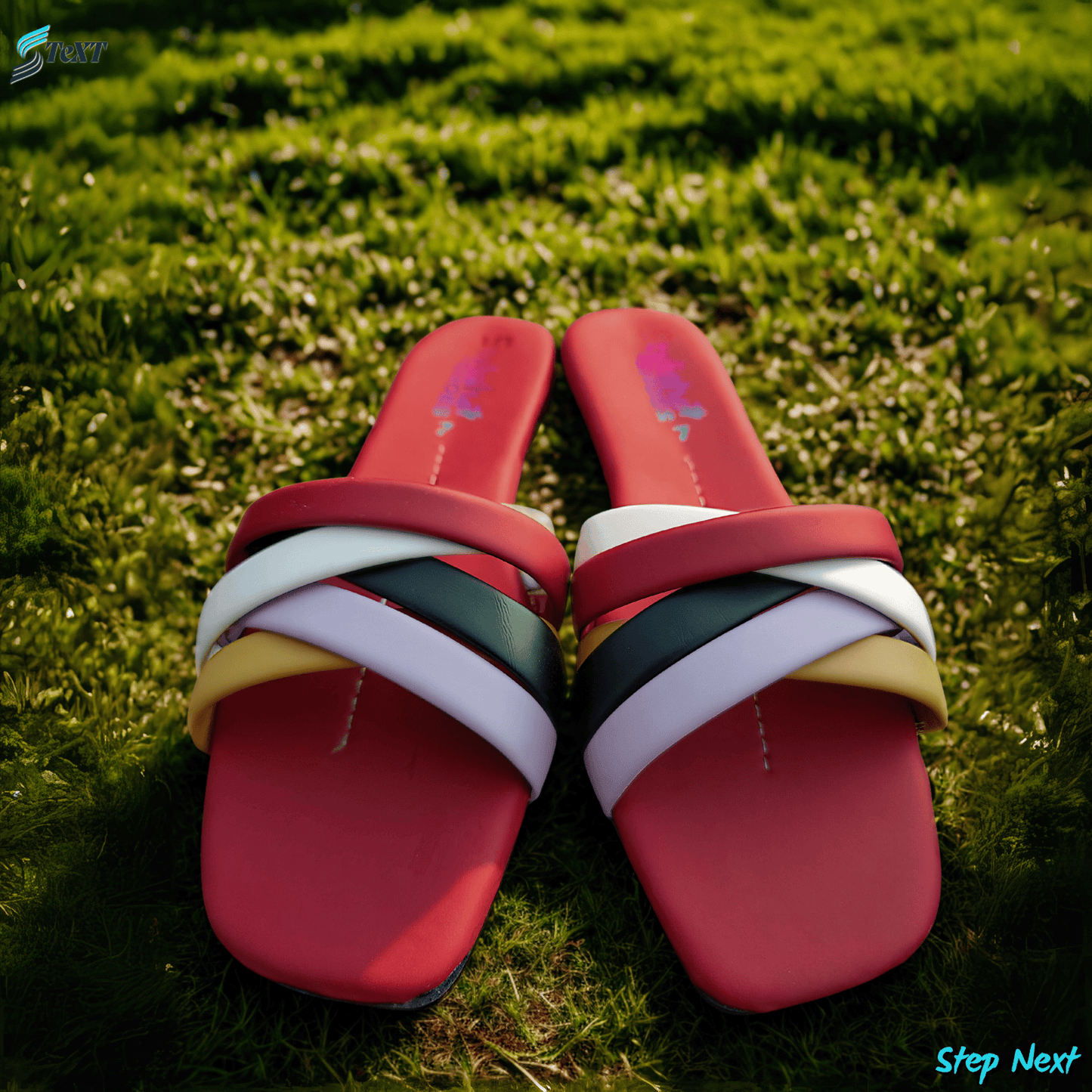 Red slipper with multicolor straps on grass