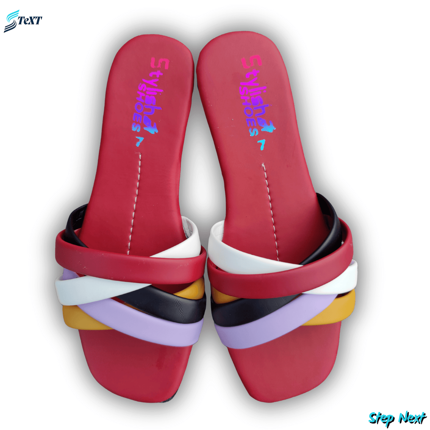 Red sandals with multicolored straps on a white background