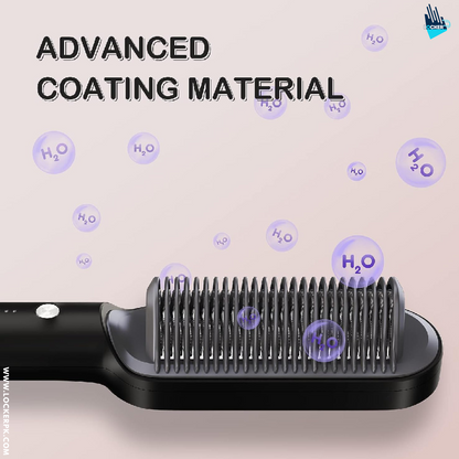 Hairbrush with 'Advanced Coating Material' text and water droplet graphics on a light background