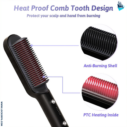 Hair straightening comb with heatproof design features on a white background