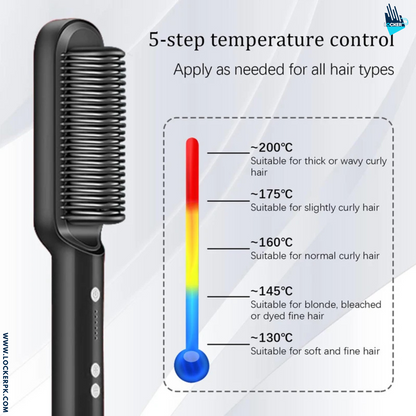 Hair straightener with temperature control chart on a light gray background