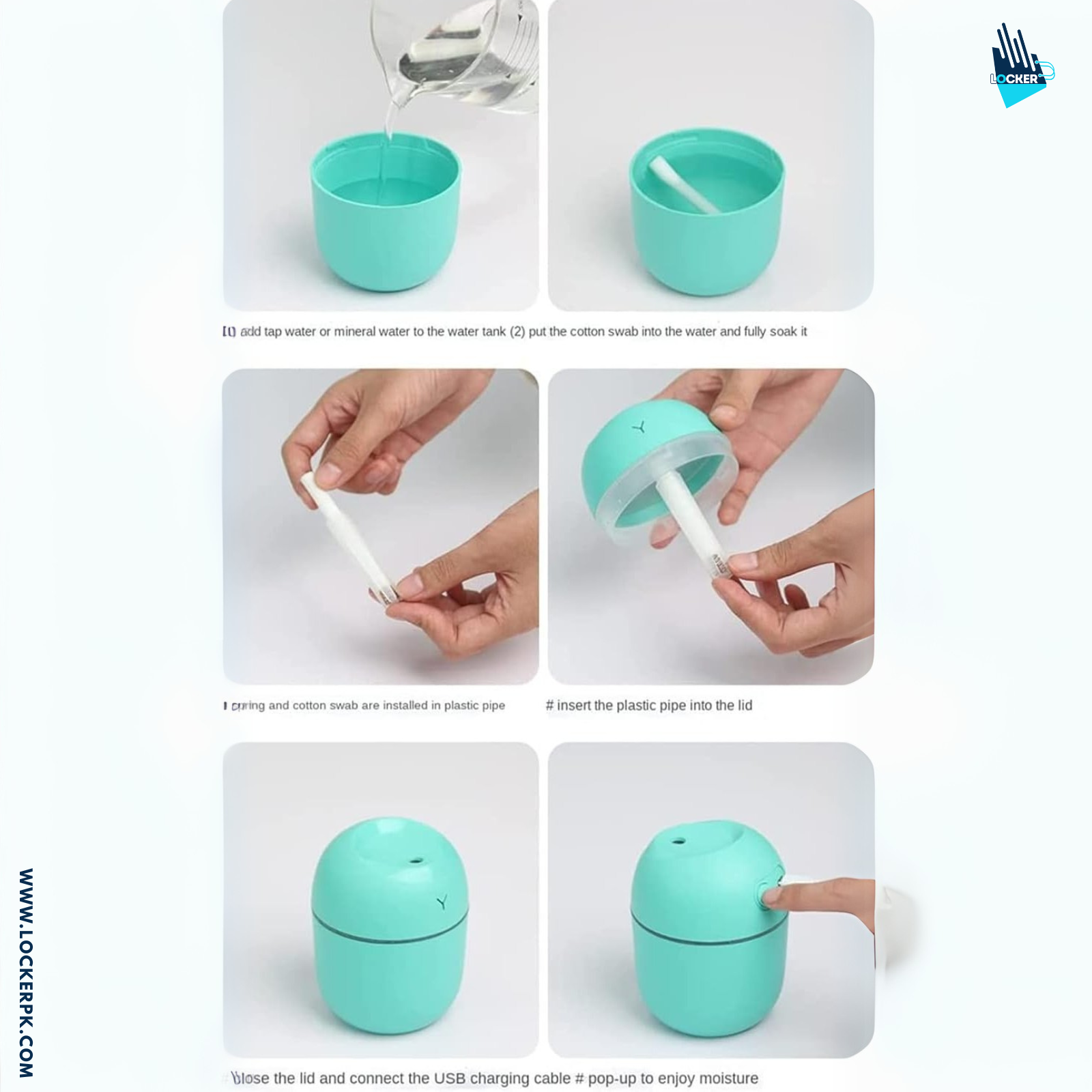 Step-by-step guide on using a turquoise humidifier with text instructions.
