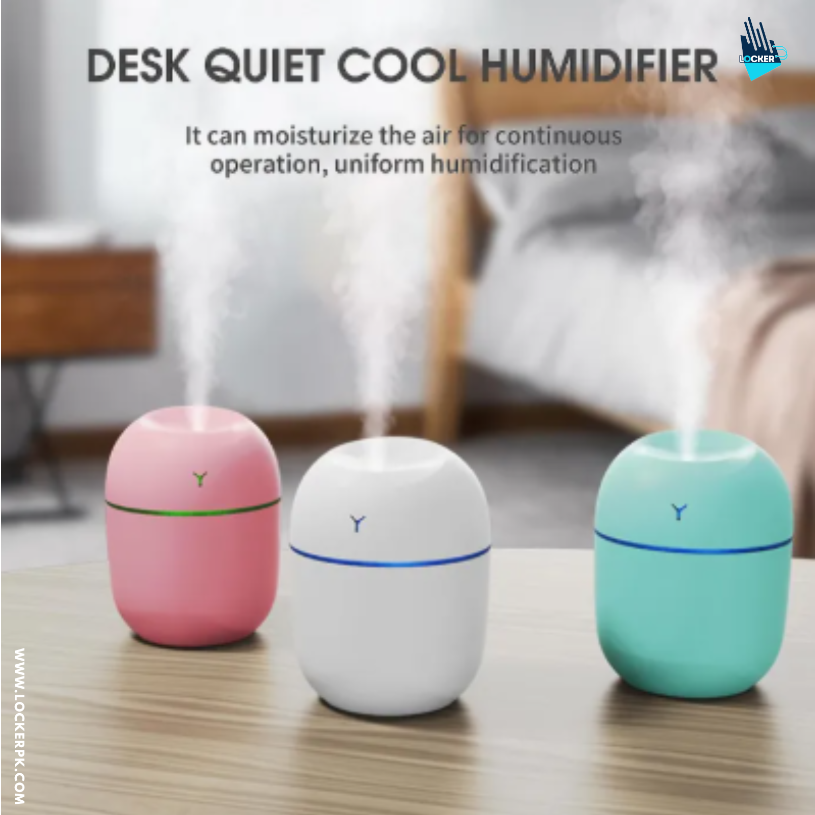Three colorful desk humidifiers on a wooden surface with a blurred background.