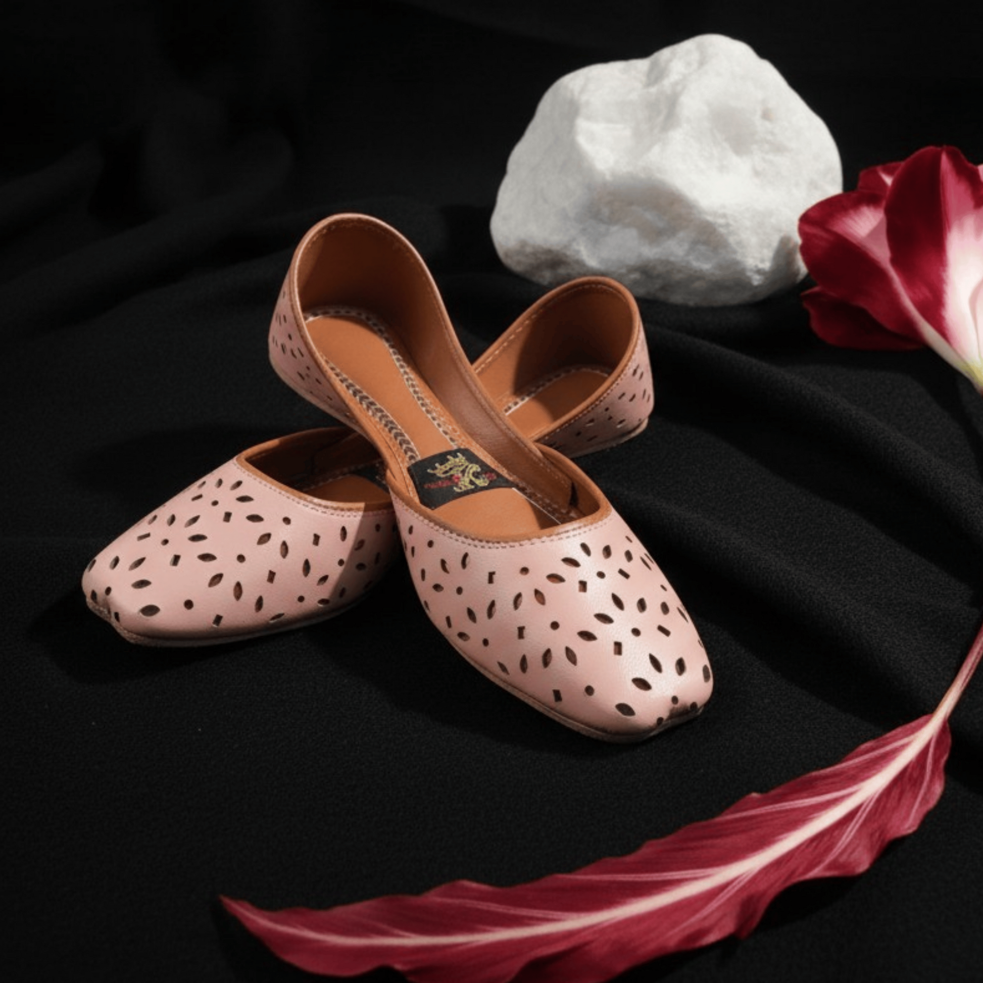 Pair of pink shoes with brown sole on a black background