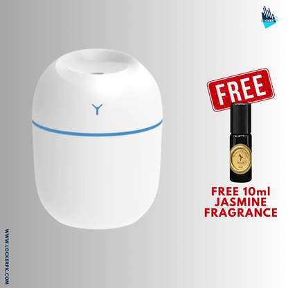 White diffuser with a free 10ml jasmine fragrance bottle on a gray background