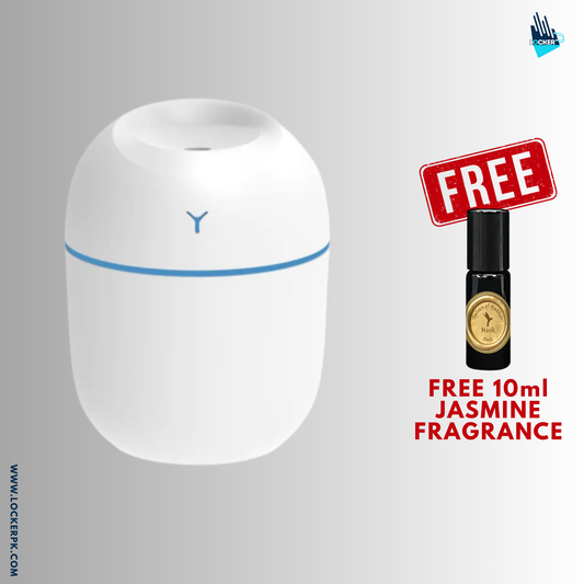 White diffuser with a free 10ml jasmine fragrance bottle on a gray background